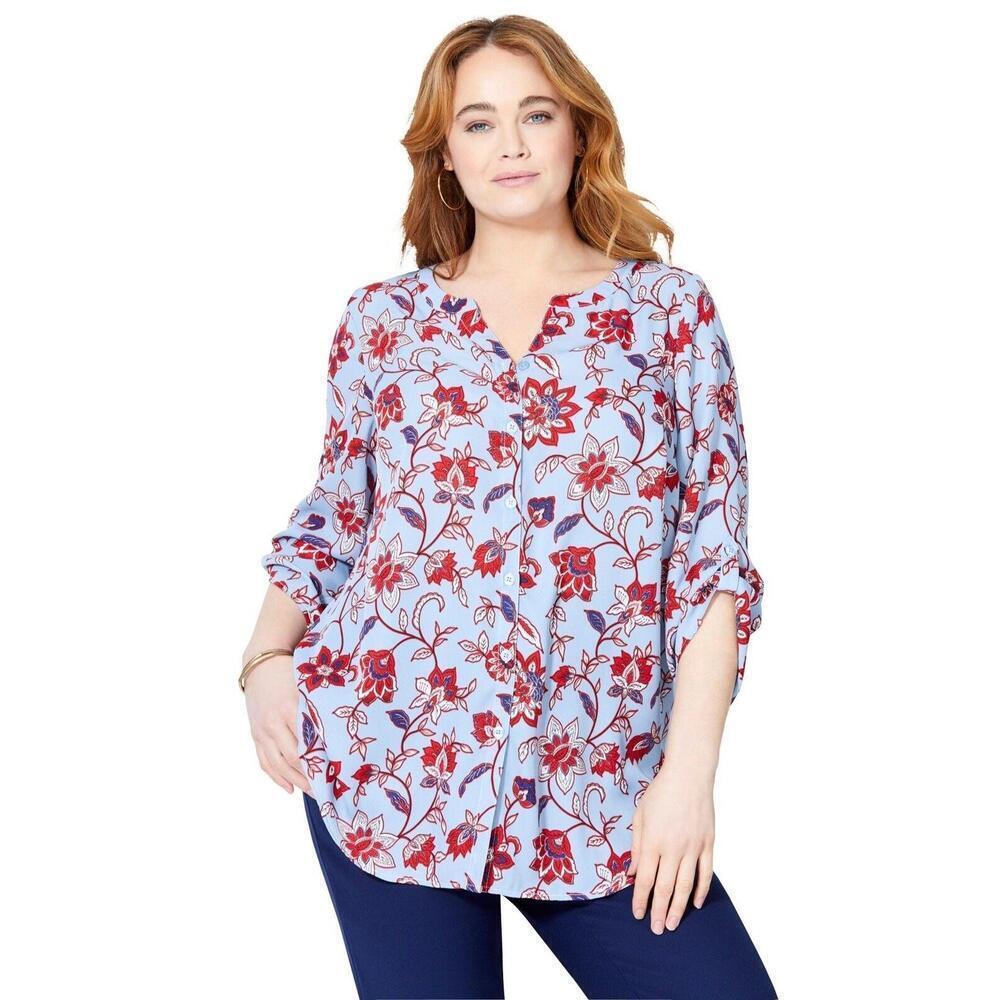Catherines Women's Blouse Plus 3X Breezeway Sky Blue Paisley Floral Georgette
